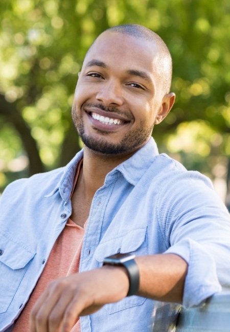 Man with healthy smile after visiting the dentist in Houston