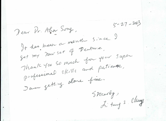 handwritten review by patient of Sunrise Dental Center