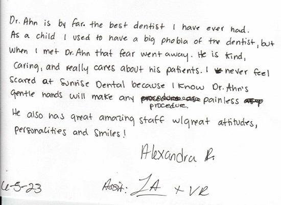 handwritten review by patient of Sunrise Dental Center