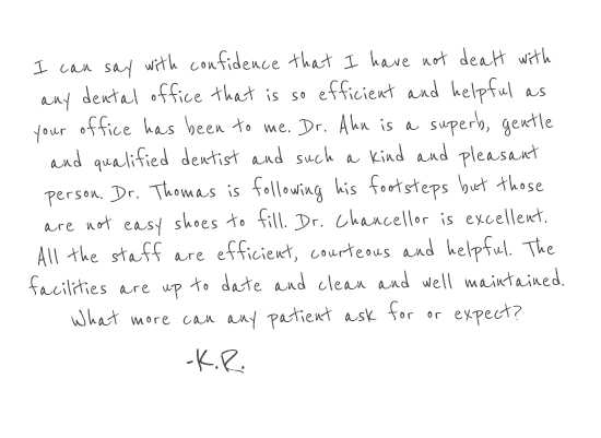 handwritten review by patient of Sunrise Dental Center