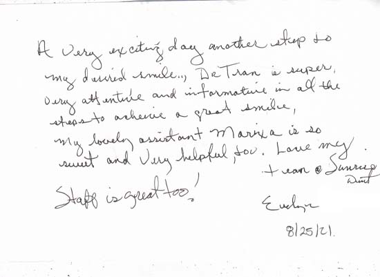 handwritten review by patient of Sunrise Dental Center