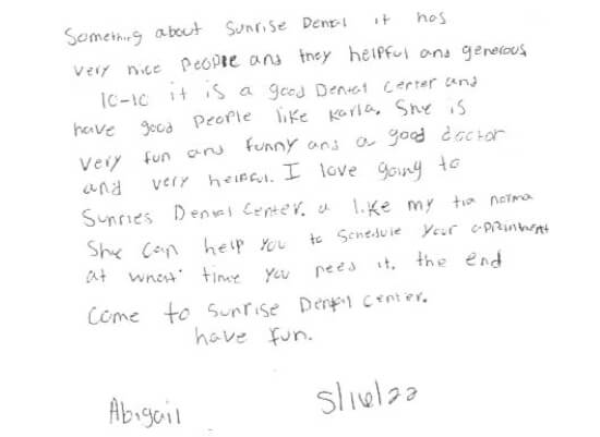 handwritten review by patient of Sunrise Dental Center