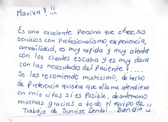 handwritten review by patient of Sunrise Dental Center