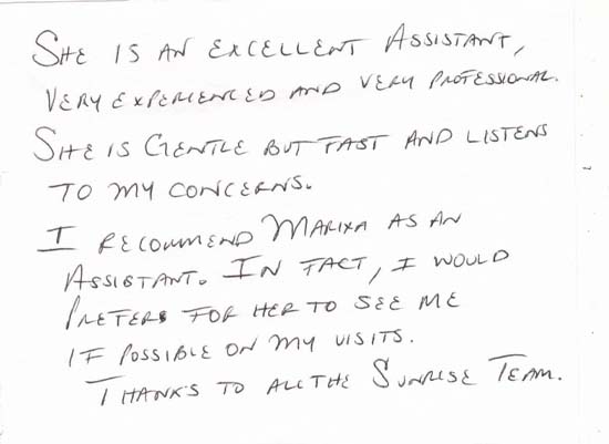 handwritten review by patient of Sunrise Dental Center