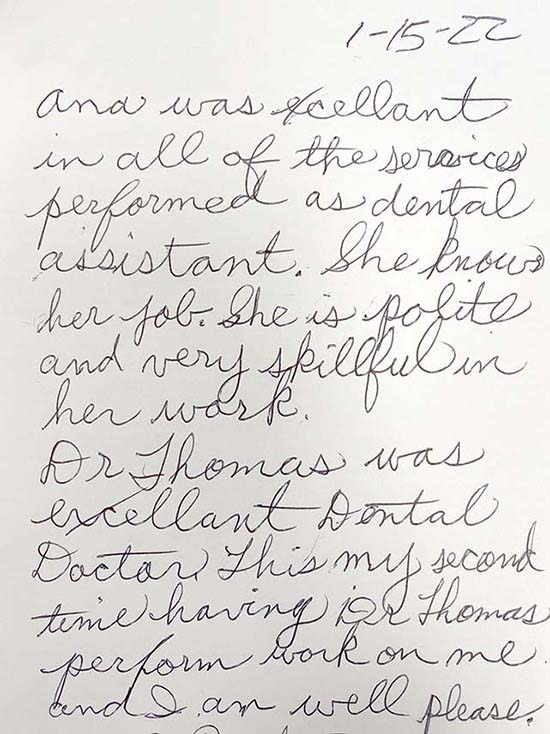 handwritten review by patient of Sunrise Dental Center