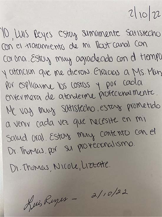 handwritten review by patient of Sunrise Dental Center