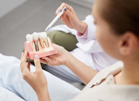 Dentist and patient looking at dental implant model