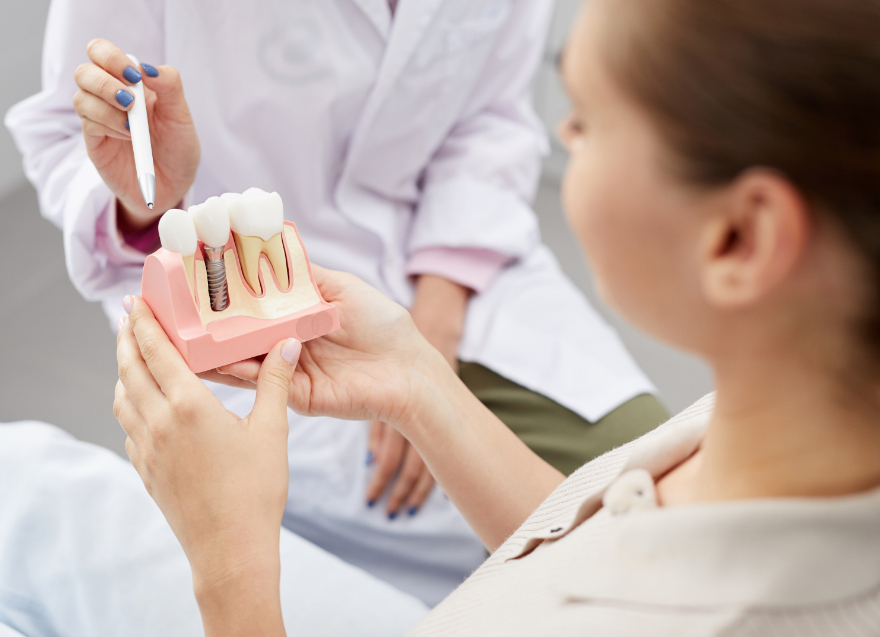 Dentist showing patient dental implant model